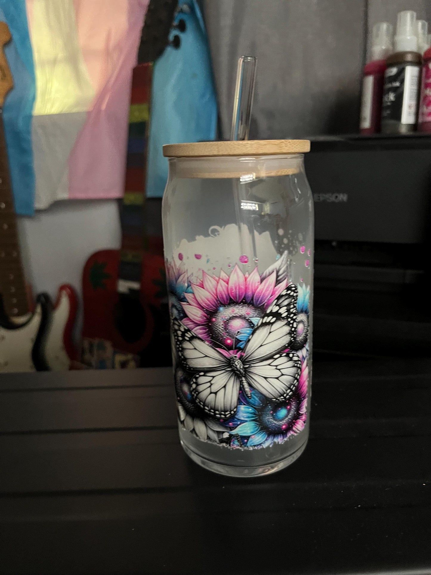 Butterfly Sunflower Glass Tumbler with Bamboo Lid & Straw: Iced Coffee Cup