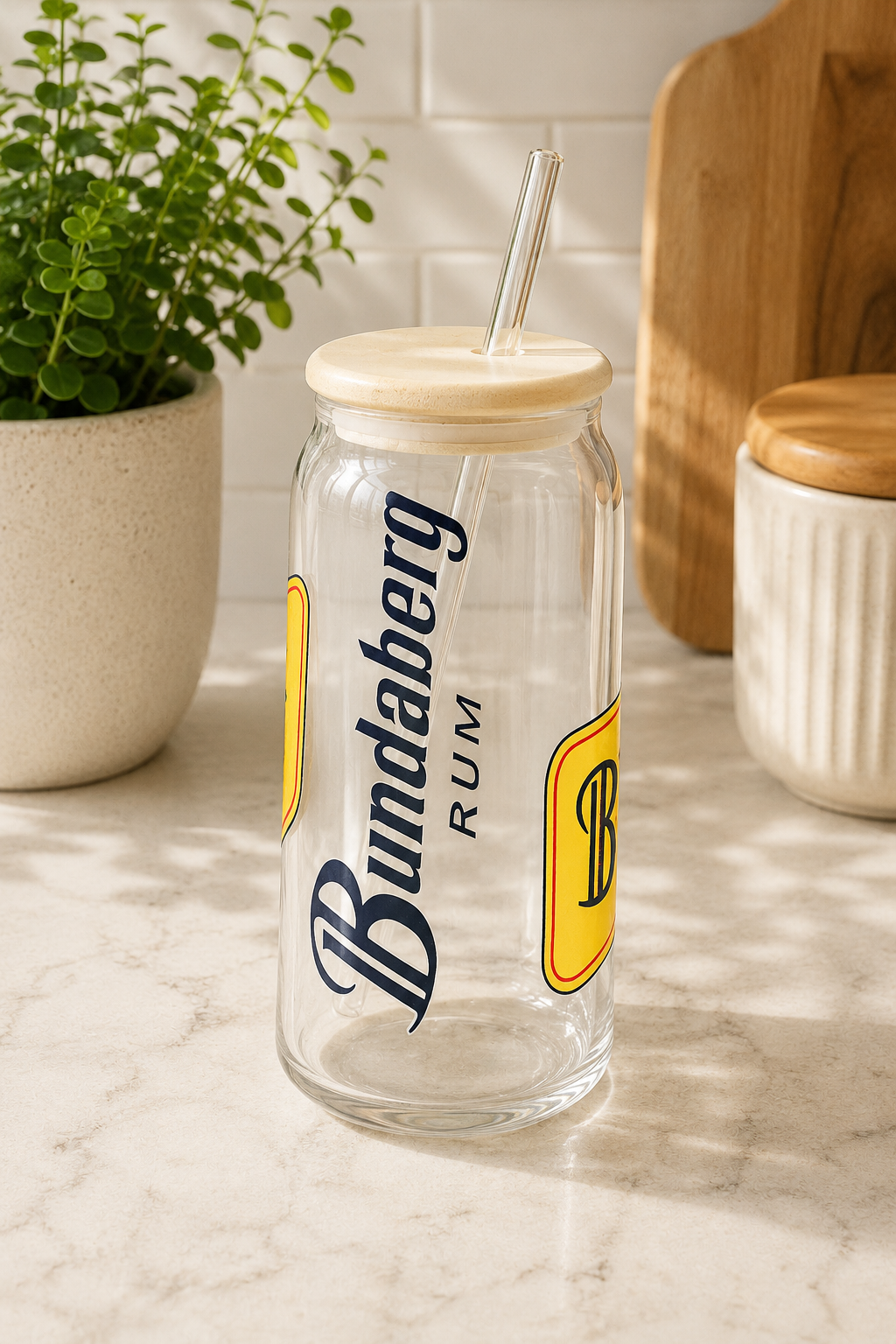 Bundaberg Rum Glass Can Cup: Reusable Tumbler with Bamboo Lid & Straw
