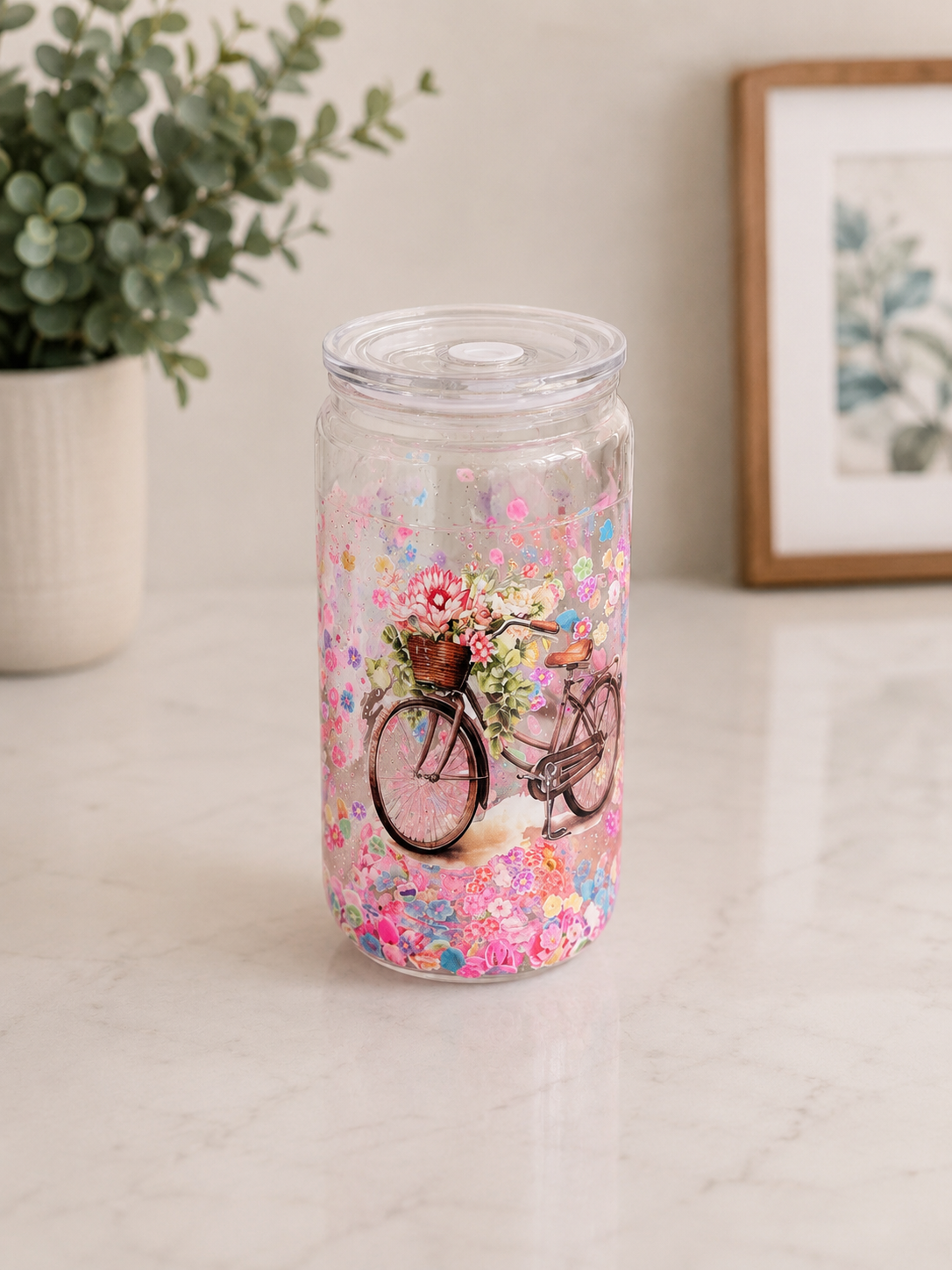 Glass Floral Bicycle Snow Globe Tumbler 16 Oz