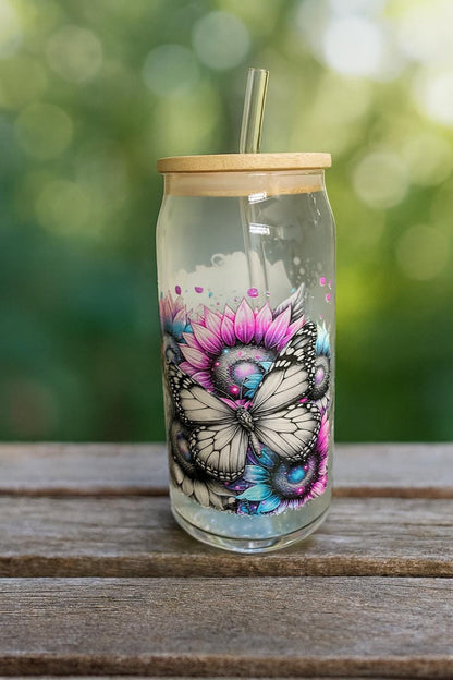 Butterfly Sunflower Glass Tumbler with Bamboo Lid & Straw: Iced Coffee Cup