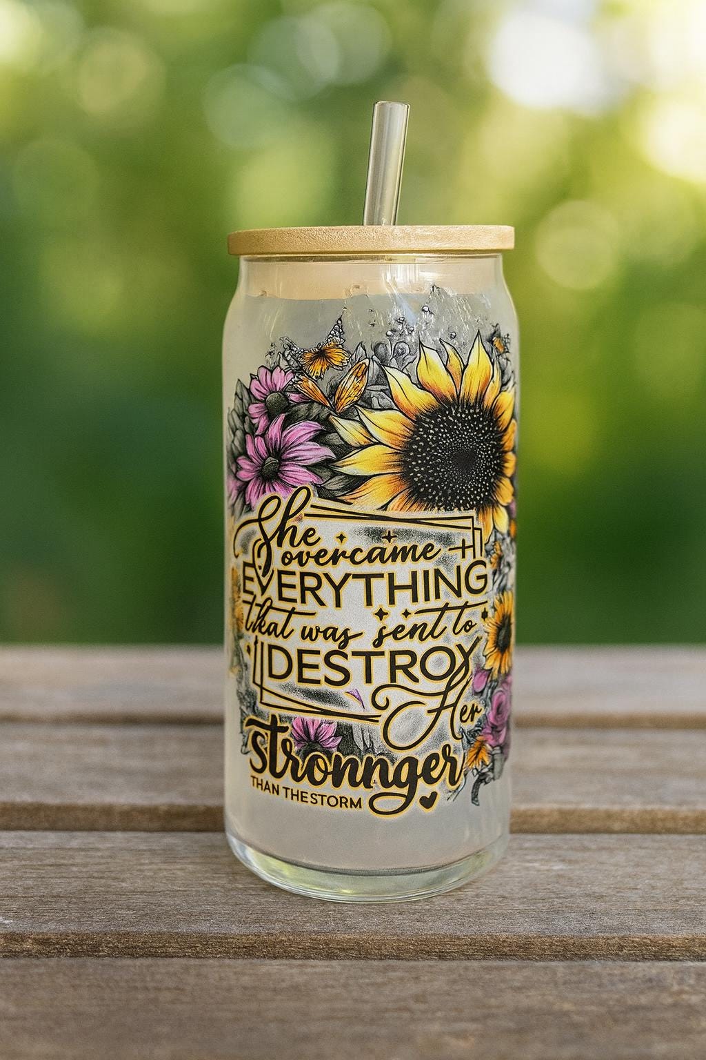 Sunflower Frosted Glass Can Tumbler: "Stronger Than The Storm" 16oz w/ Bamboo Lid