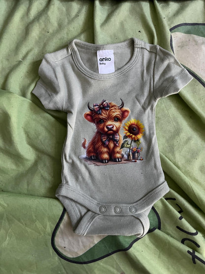 Sunflower Highland Cow Baby Bodysuit | Country Newborn Outfit