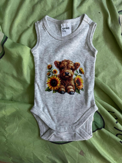 Sunflower Highland Cow Baby Bodysuit | Country Newborn Outfit