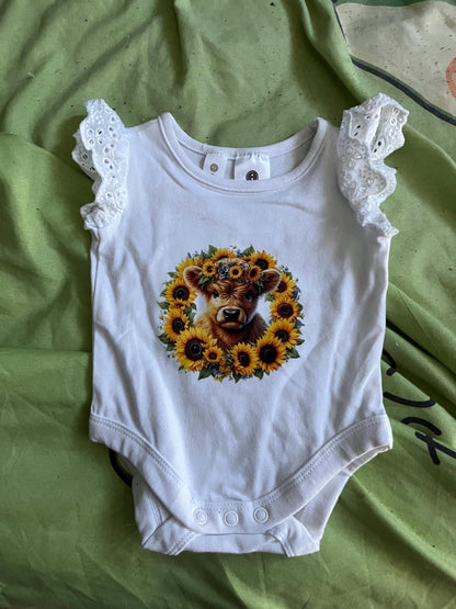 Sunflower Highland Cow Baby Bodysuit | Country Newborn Outfit