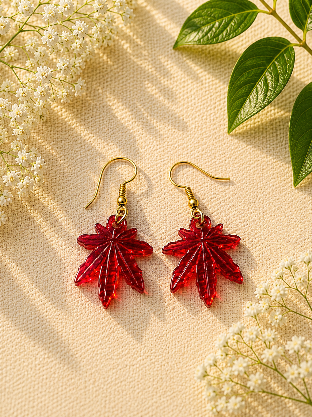 Handmade Red Leaf Dangle Earrings | Lightweight Resin
