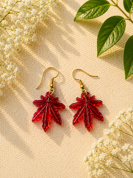Handmade Red Leaf Dangle Earrings | Lightweight Resin
