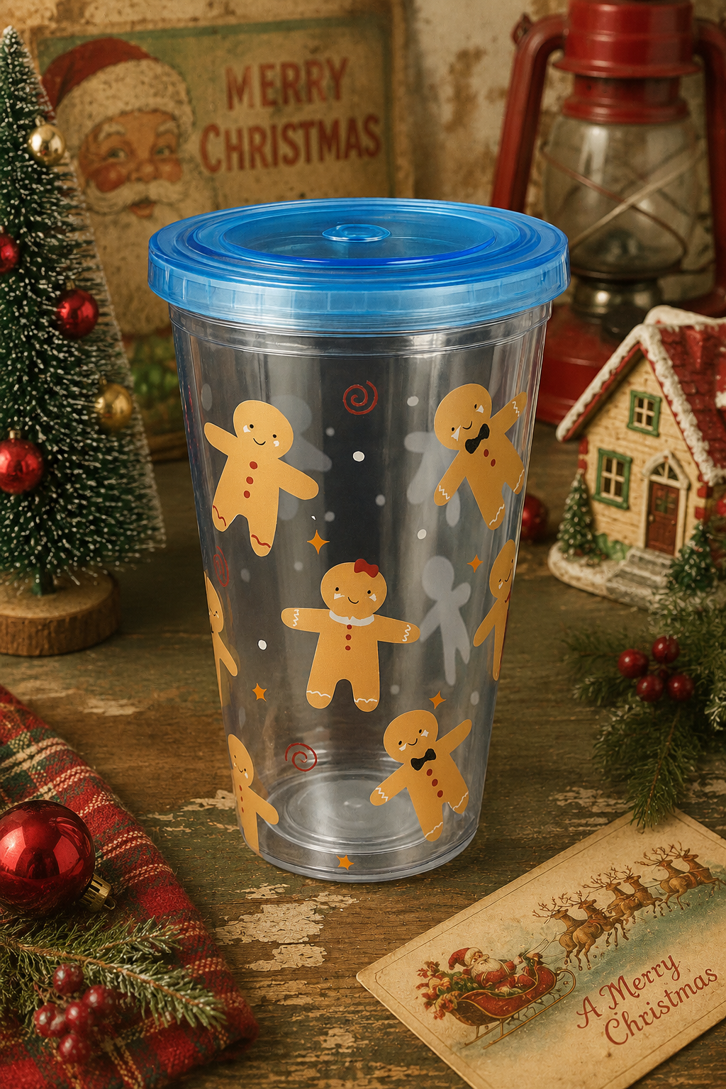 Christmas Gingerbread Tumbler with Lid – Holiday Reusable Cup