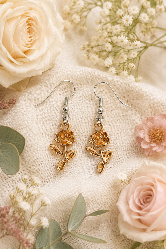 Gold Rose Earrings – Floral Dangle Jewelry, Romantic Gift for Her