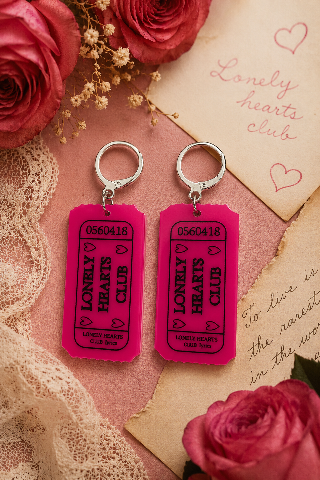 Lonely Hearts Club Ticket earrings – Retro Pink Acrylic earrings, Quirky Gift