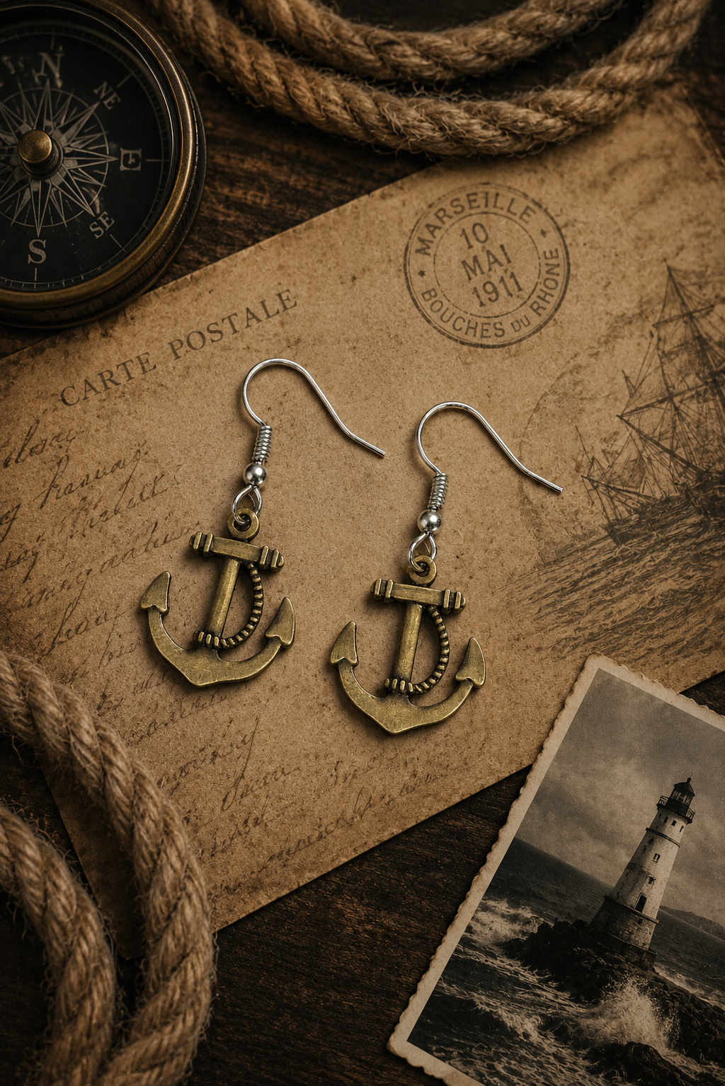 Nautical Anchor Earrings – Antique Brass Dangle Jewelry, Ocean Inspired Gift