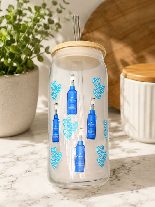 Blue Heart Glass Can Cup with Bamboo Lid & Straw