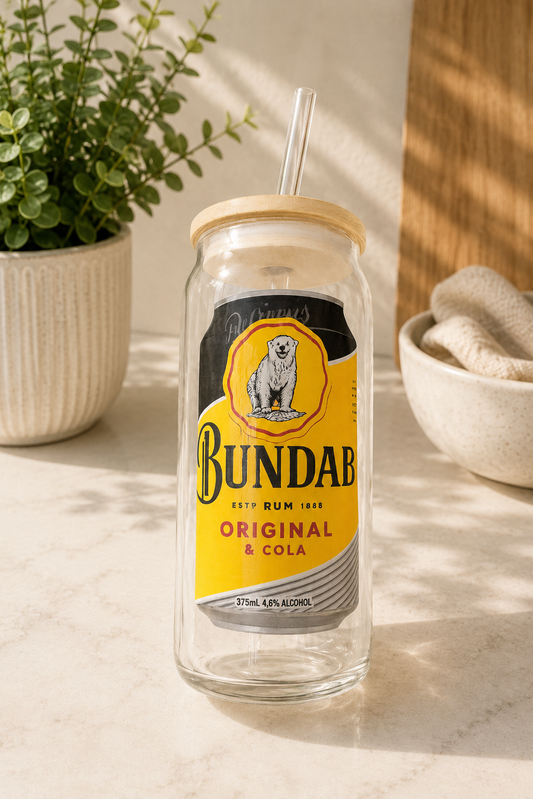 Bundaberg Rum Glass Can Cup: Aussie Drinkware with Bamboo Lid & Straw