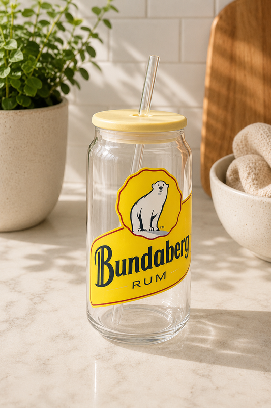 Bundaberg Rum Glass Can Cup: Reusable Tumbler with Bamboo Lid & Straw