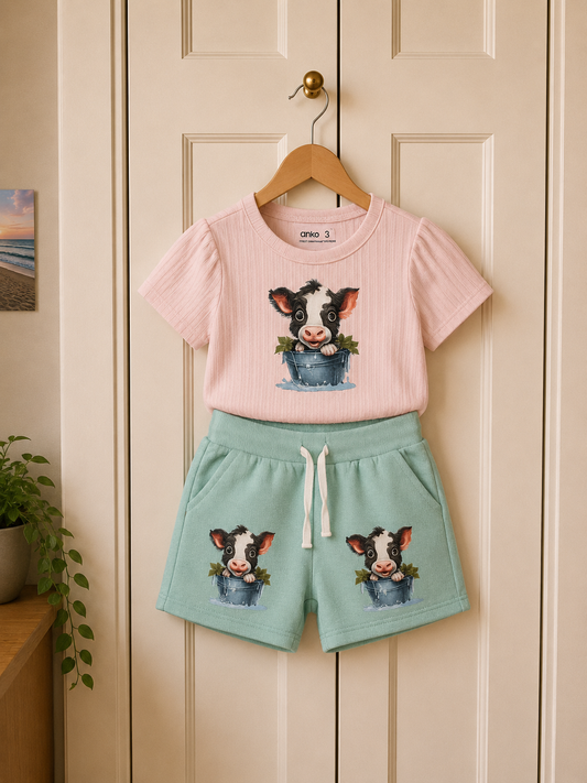 Toddler Girl’s 2-Piece Outfit – Cow Print Set (bodysuit & Shorts)