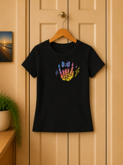 Rainbow Skeleton Hand Graphic Tee: Edgy Mom Shirt, Size 8
