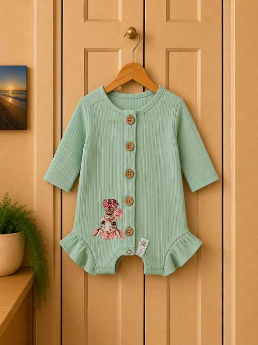 Deer Print Baby Romper: Handmade Newborn Onesie - Neutral & Mint
