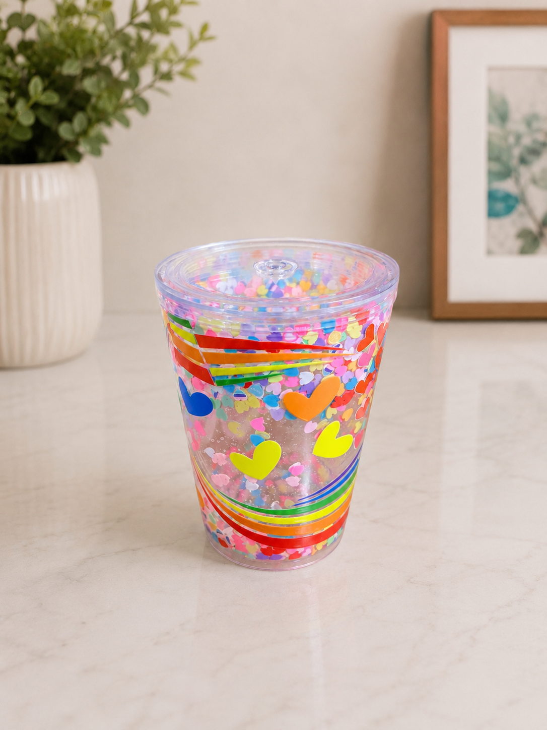 Acrylic Rainbow Heart Snow Globe Tumbler 12 Oz