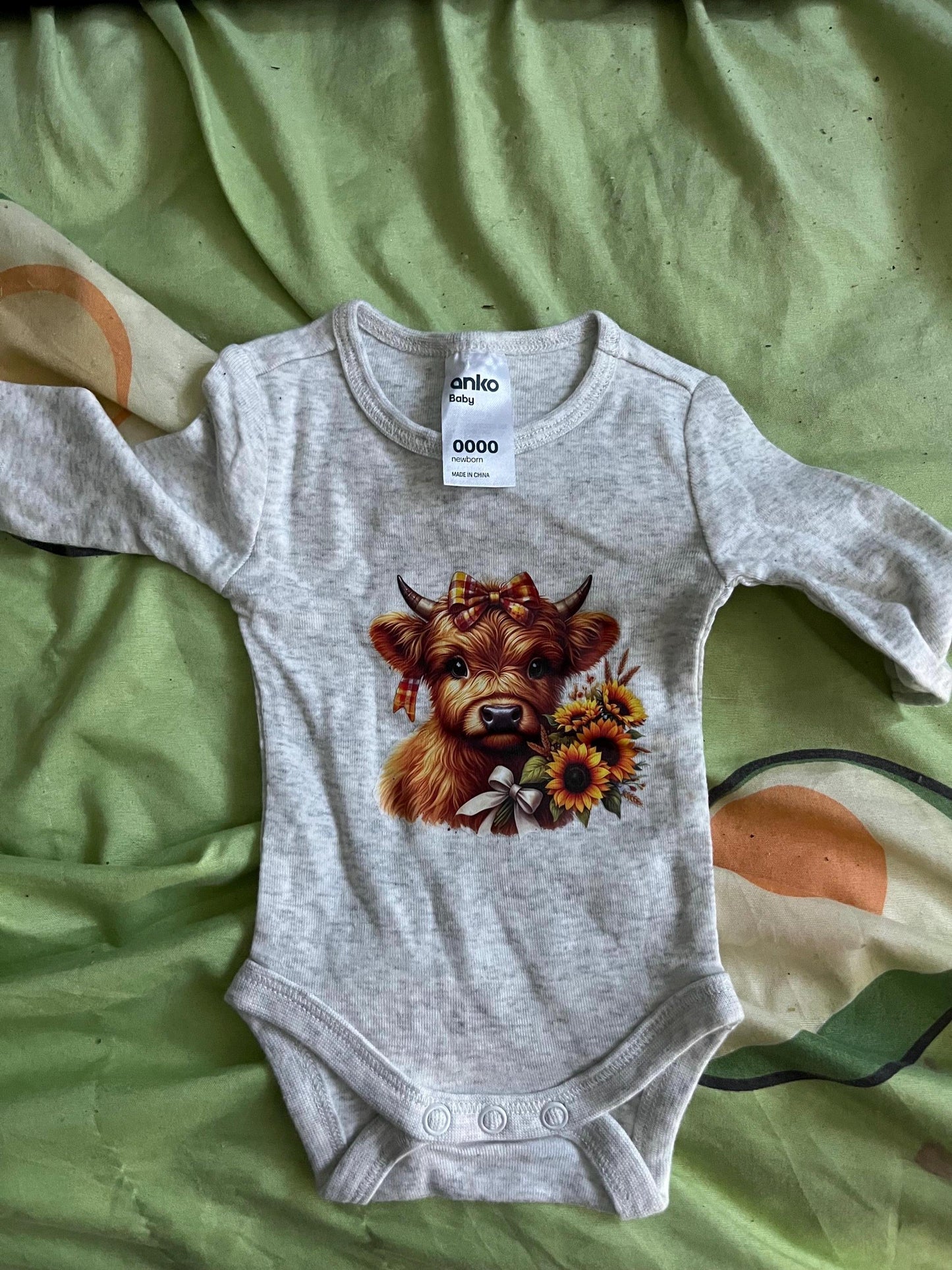 Sunflower Highland Cow Baby Bodysuit: Country Newborn Outfit