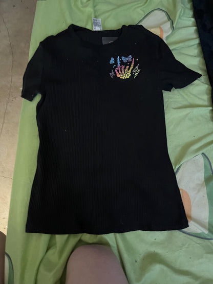 Rainbow Skeleton Hand Graphic Tee: Edgy Mom Shirt, Size 8