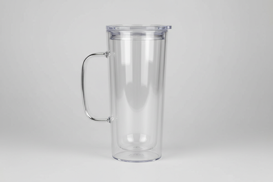 double wall, hollow chamber, glitter tumbler style, DIY snow globe cup, sublimation blank, clear acrylic, handled tumbler not a mug 