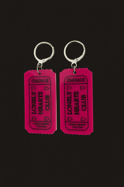 Lonely Hearts Club Ticket earrings – Retro Pink Acrylic earrings, Quirky Gift